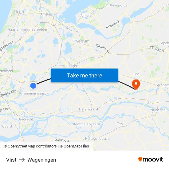 Vlist to Wageningen map