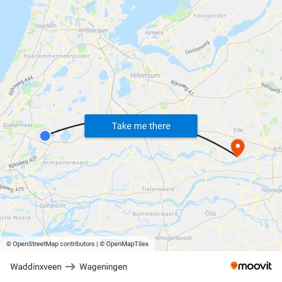 Waddinxveen to Wageningen map