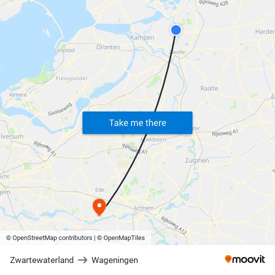 Zwartewaterland to Wageningen map