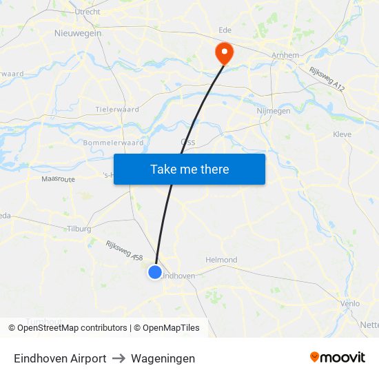 Eindhoven Airport to Wageningen map