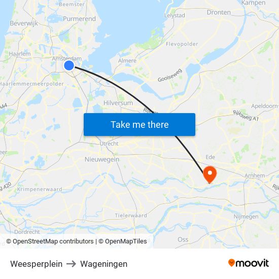 Weesperplein to Wageningen map