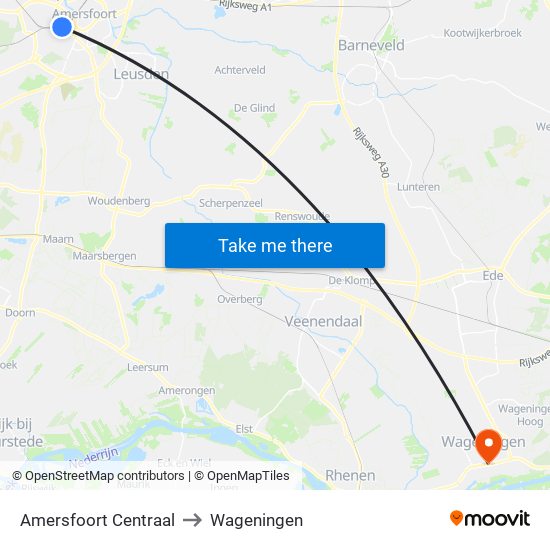 Amersfoort Centraal to Wageningen map