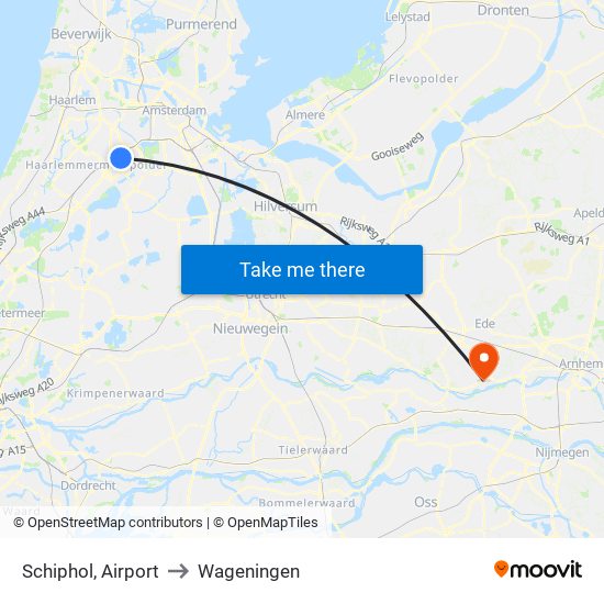 Schiphol, Airport to Wageningen map