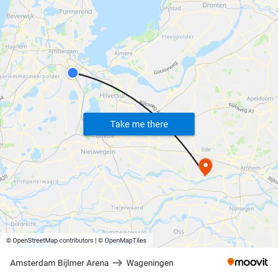 Amsterdam Bijlmer Arena to Wageningen map