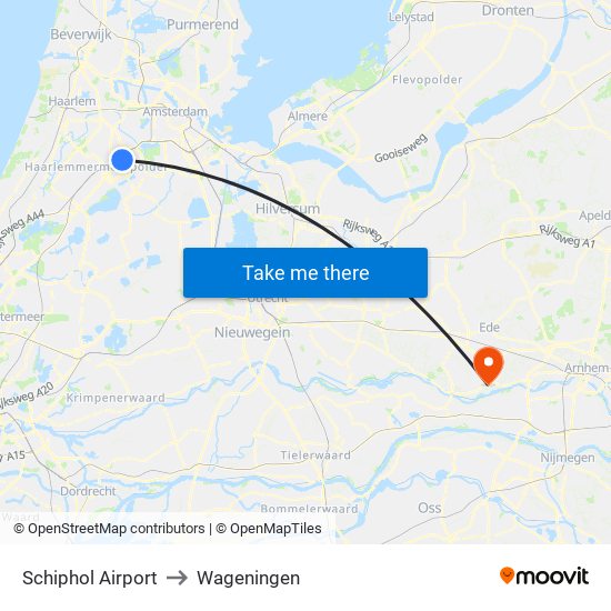 Schiphol Airport to Wageningen map