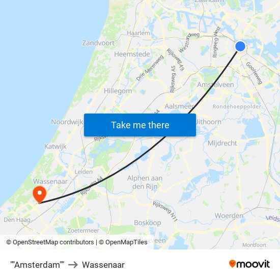 ""Amsterdam"" to Wassenaar map