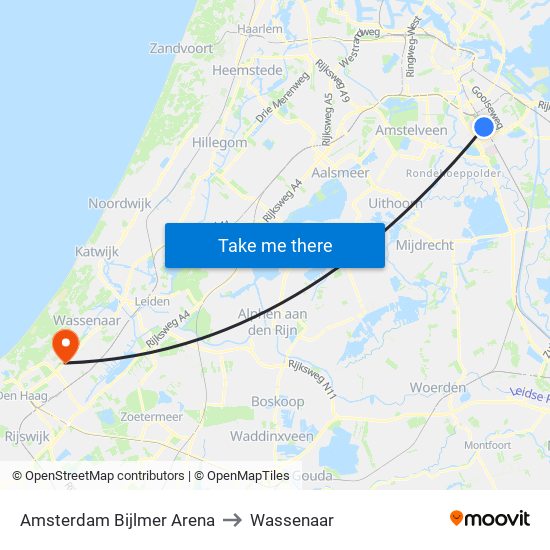 Amsterdam Bijlmer Arena to Wassenaar map