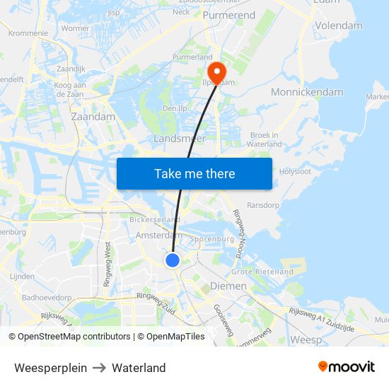 Weesperplein to Waterland map