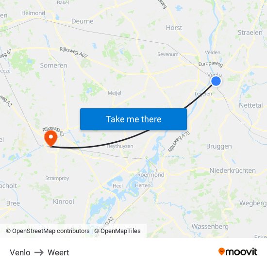 Venlo to Weert map