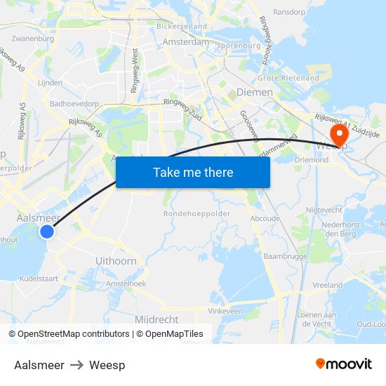 Aalsmeer to Weesp map