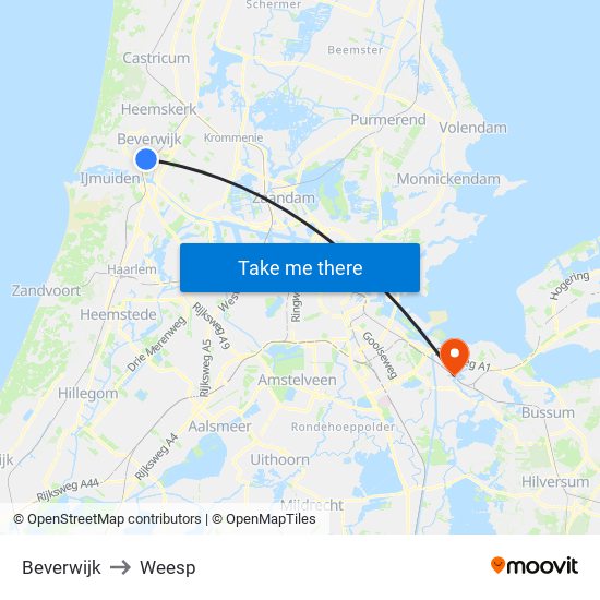 Beverwijk to Weesp map