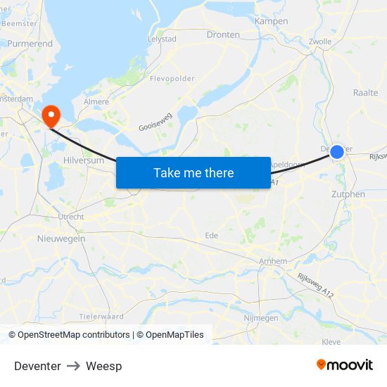 Deventer to Weesp map