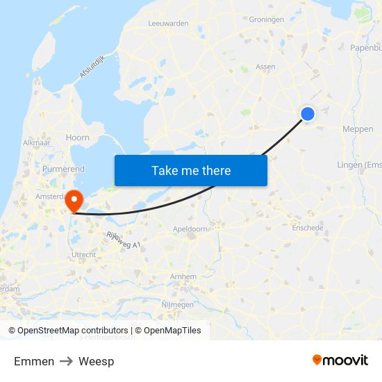 Emmen to Weesp map