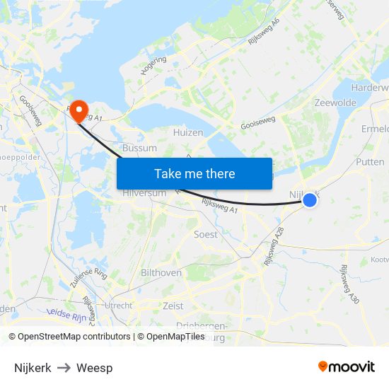 Nijkerk to Weesp map