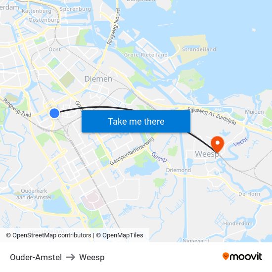 Ouder-Amstel to Weesp map