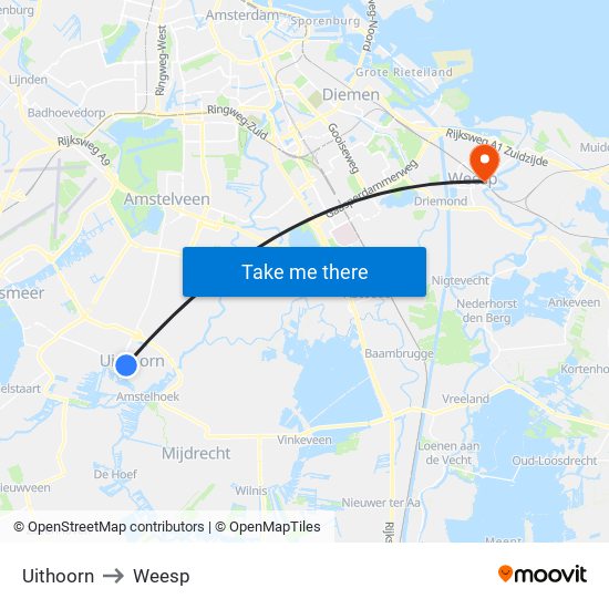 Uithoorn to Weesp map