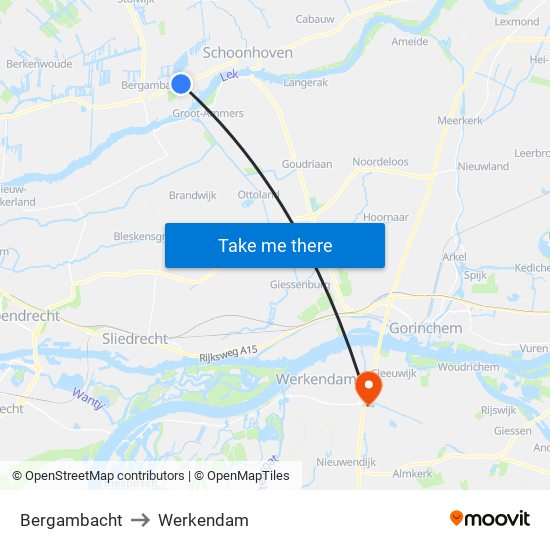 Bergambacht to Werkendam map