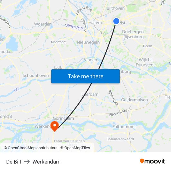 De Bilt to Werkendam map