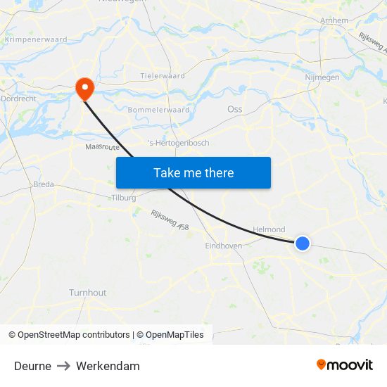 Deurne to Werkendam map