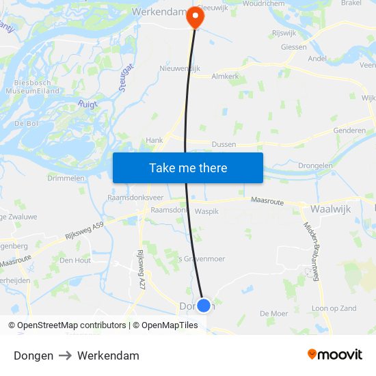 Dongen to Werkendam map