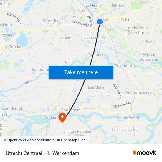 Utrecht Centraal to Werkendam map