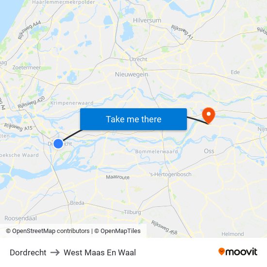 Dordrecht to West Maas En Waal map