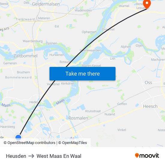 Heusden to West Maas En Waal map