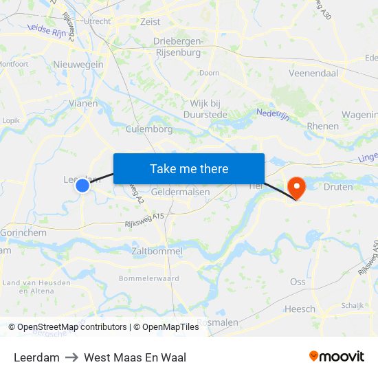 Leerdam to West Maas En Waal map