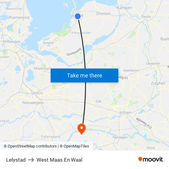 Lelystad to West Maas En Waal map