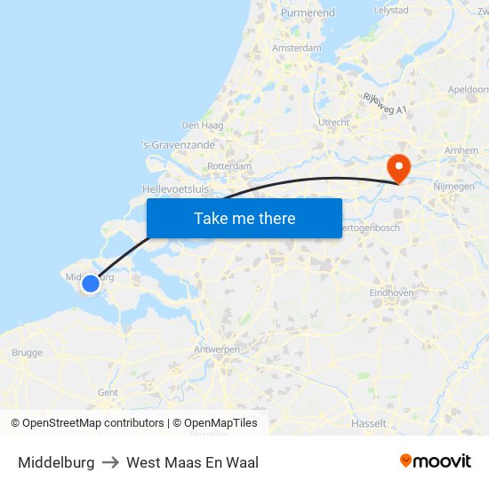 Middelburg to West Maas En Waal map