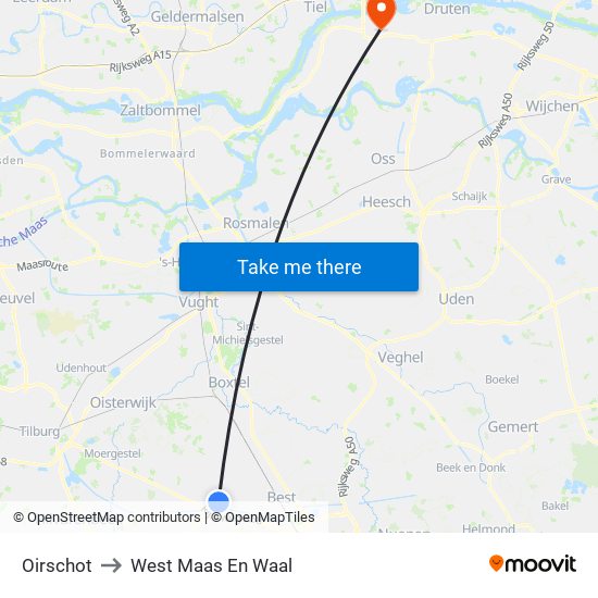 Oirschot to West Maas En Waal map