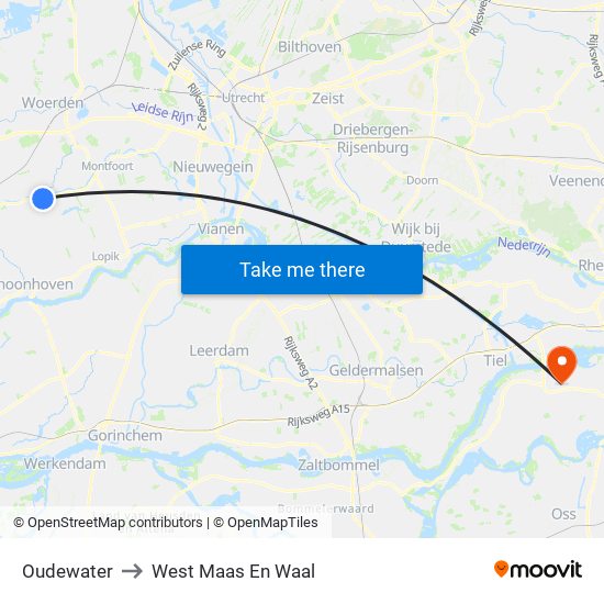 Oudewater to West Maas En Waal map