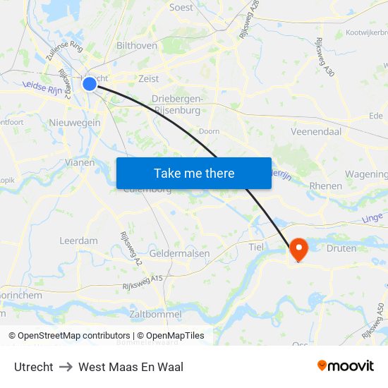 Utrecht to West Maas En Waal map