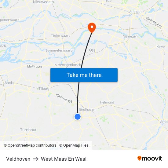 Veldhoven to West Maas En Waal map