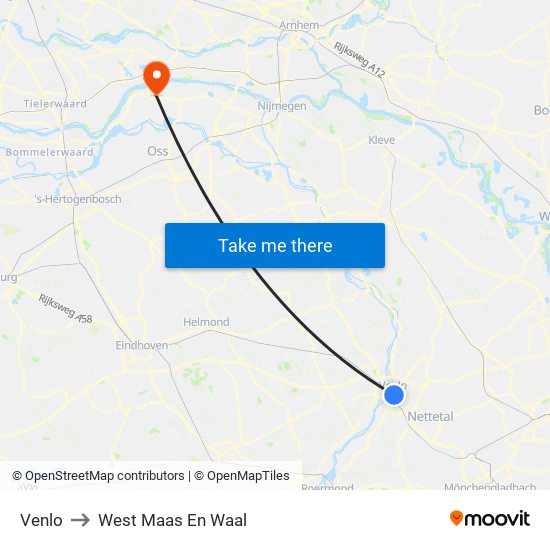 Venlo to West Maas En Waal map