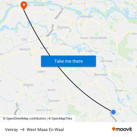 Venray to West Maas En Waal map