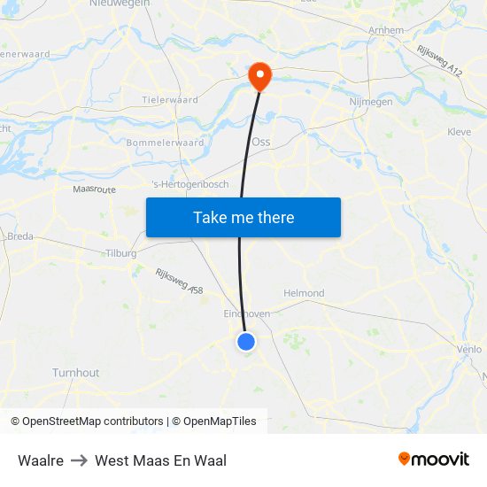 Waalre to West Maas En Waal map