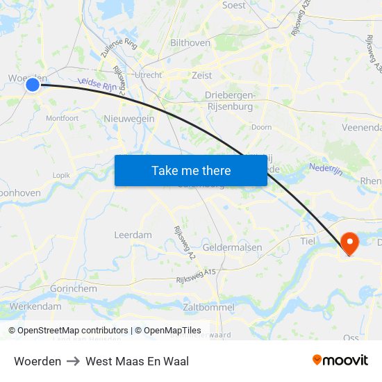 Woerden to West Maas En Waal map