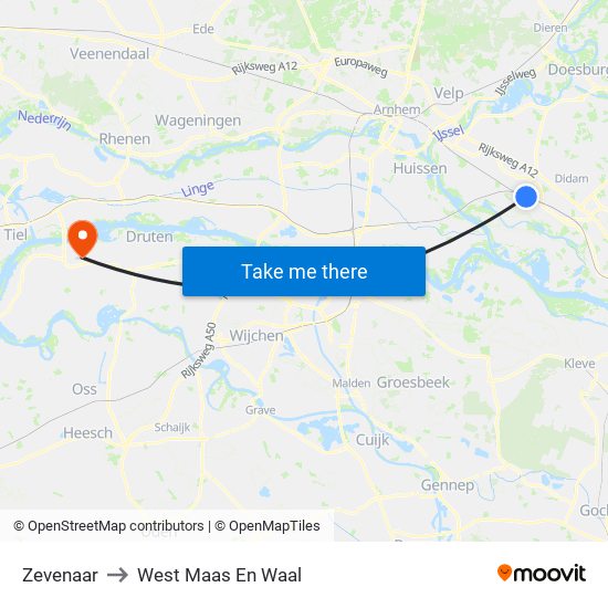 Zevenaar to West Maas En Waal map