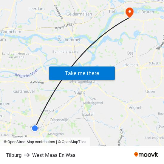 Tilburg to West Maas En Waal map