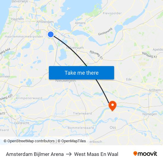 Amsterdam Bijlmer Arena to West Maas En Waal map