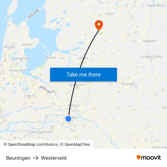 Beuningen to Westerveld map