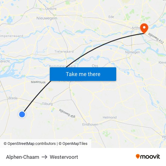 Alphen-Chaam to Westervoort map