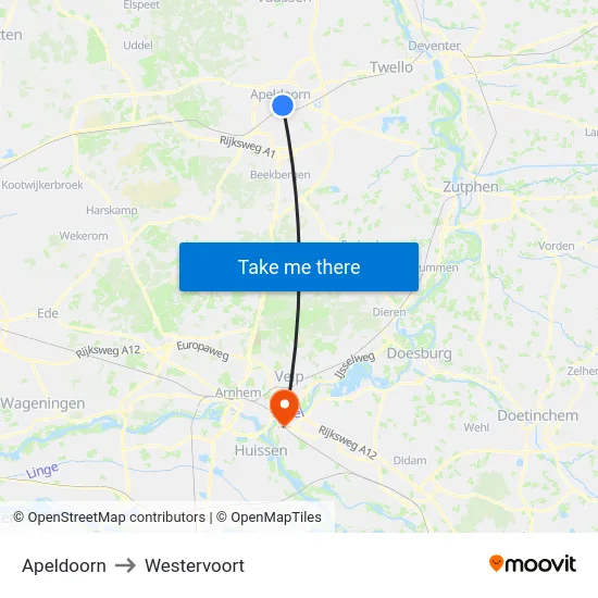 Apeldoorn to Westervoort map