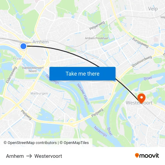 Arnhem to Westervoort map