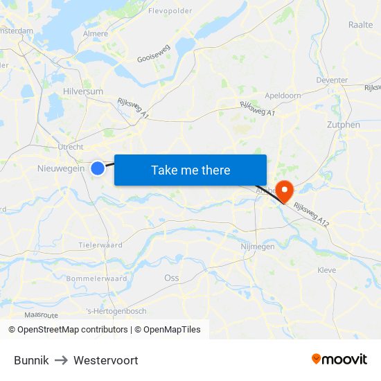 Bunnik to Westervoort map