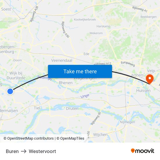 Buren to Westervoort map