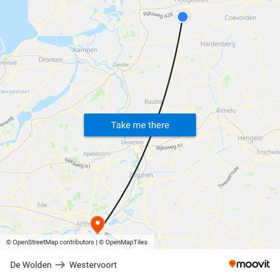 De Wolden to Westervoort map