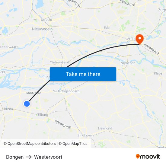 Dongen to Westervoort map