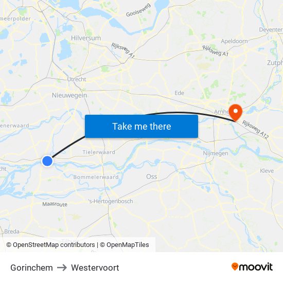 Gorinchem to Westervoort map